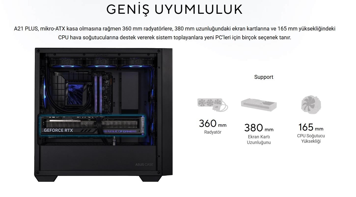 ASUS A21 PLUS Gaming Powersız Siyah ARGB Fan Mid Tower ATX Kasa