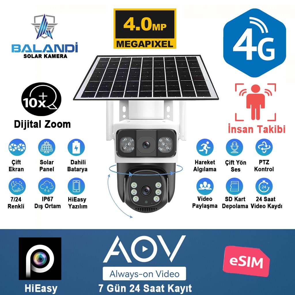 BALANDI PRO-8200GIP 4MP 2 KAMERALI 4G AOV E-SİM SOLAR KAMERA (HIEASY)