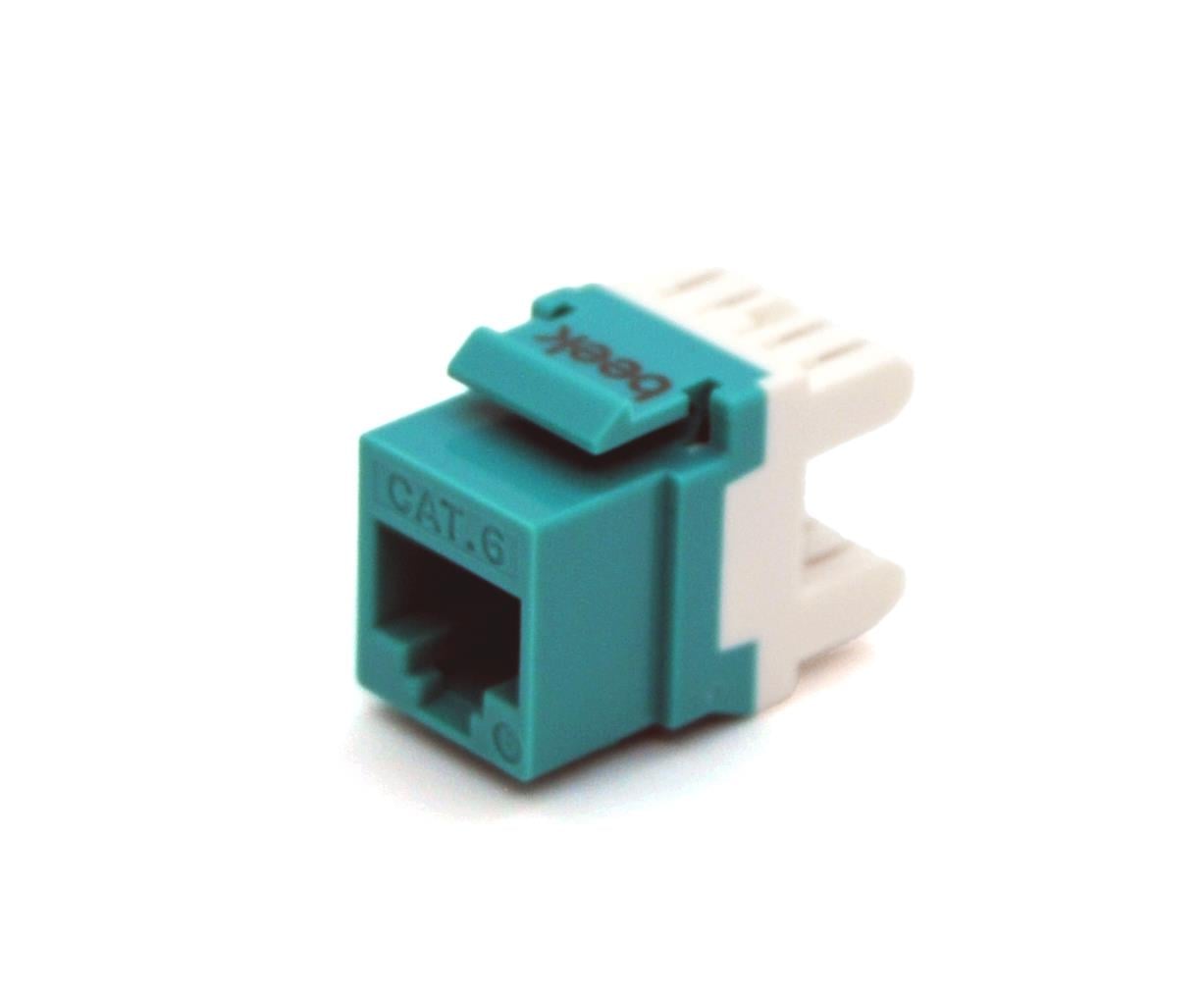 Beek CAT 6 Keystone Jack, zırhsız/unshielded, 250 MHz acc. ISO/IEC 11801:2002 AM2:2009/09, turkuaz mavisi renk, beyaz IDC plastik<br>
Beek Category 6 (CAT. 6) UTP Keystone Jack, Aqua