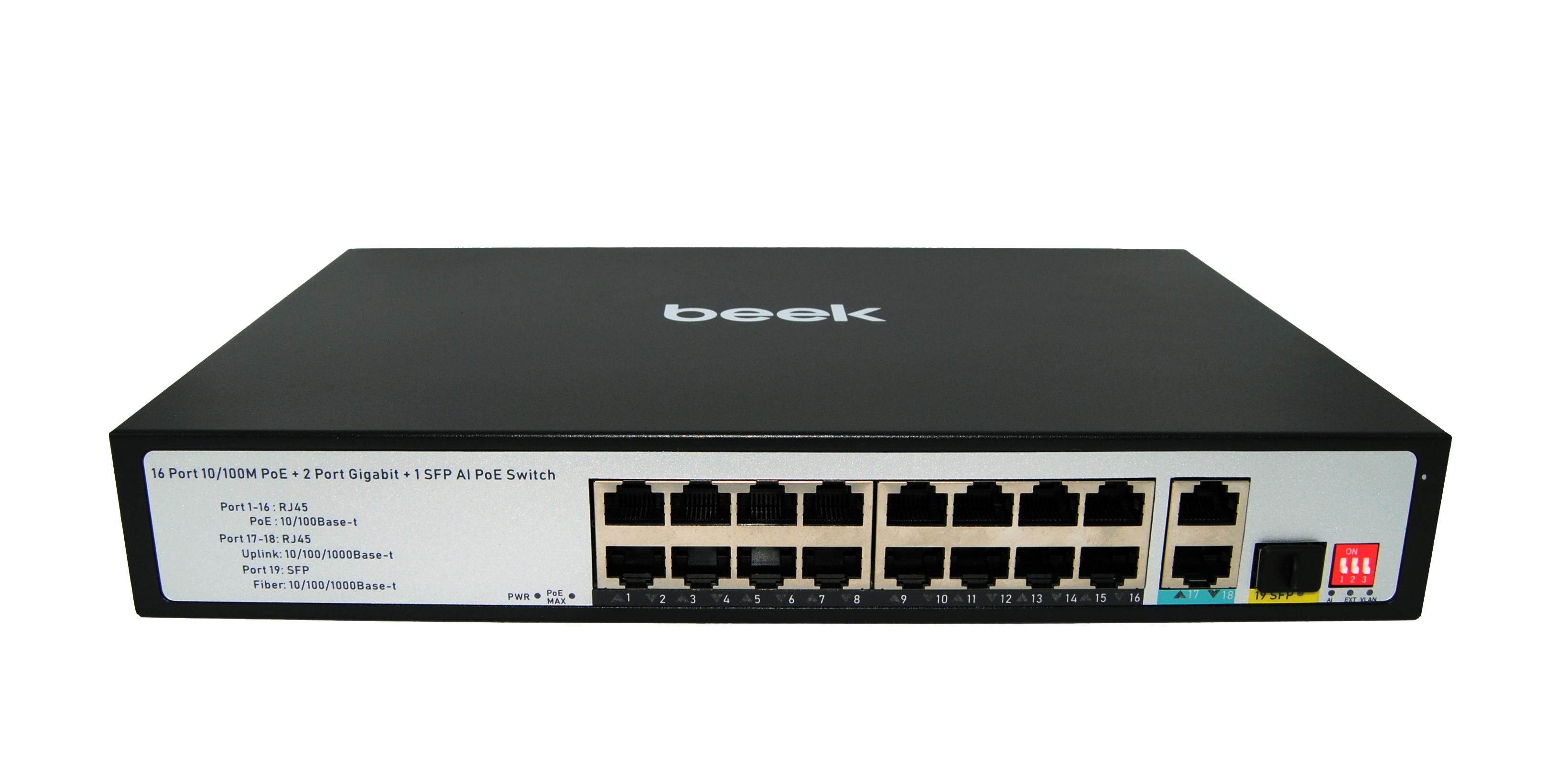 Beek Yönetilemeyen PoE+ Switch<br>
16 x 10/100Mbps IEEE802.3af/at PoE+ port (Port başına 30.8 watt) (PoE Güç Bütçesi maks. 200W)<br>
2 x 10/100/1000Mbps port<br>
1 x 1000Base-X SFP yuva<br>
6KV ESD<br>
Beek 16 Ports 10/1