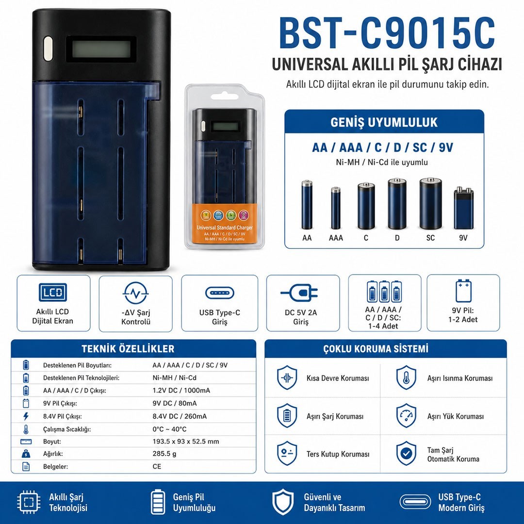 Beston BST-C9015C (AA-AAA-C-D-9V-SC) Universal Tüm Boylar Dijital Ekranlı Pil Şarj Cihazı