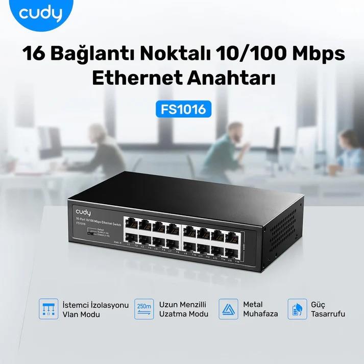 CUDY FS1016 16 PORT 10/100 YONETILEMEZ RACK MOUNT SWITCH METAL KASA