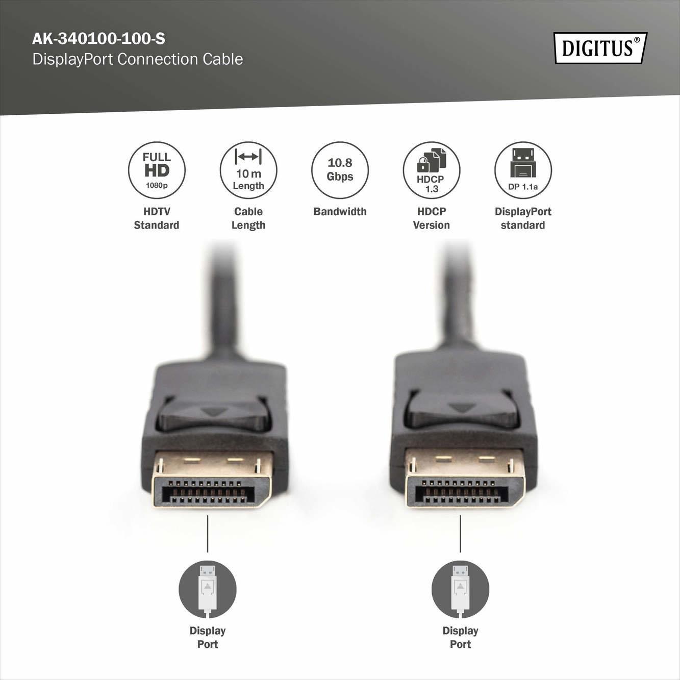 DIGITUS 10metre AK-340100-100-S DP Görüntü Kablosu