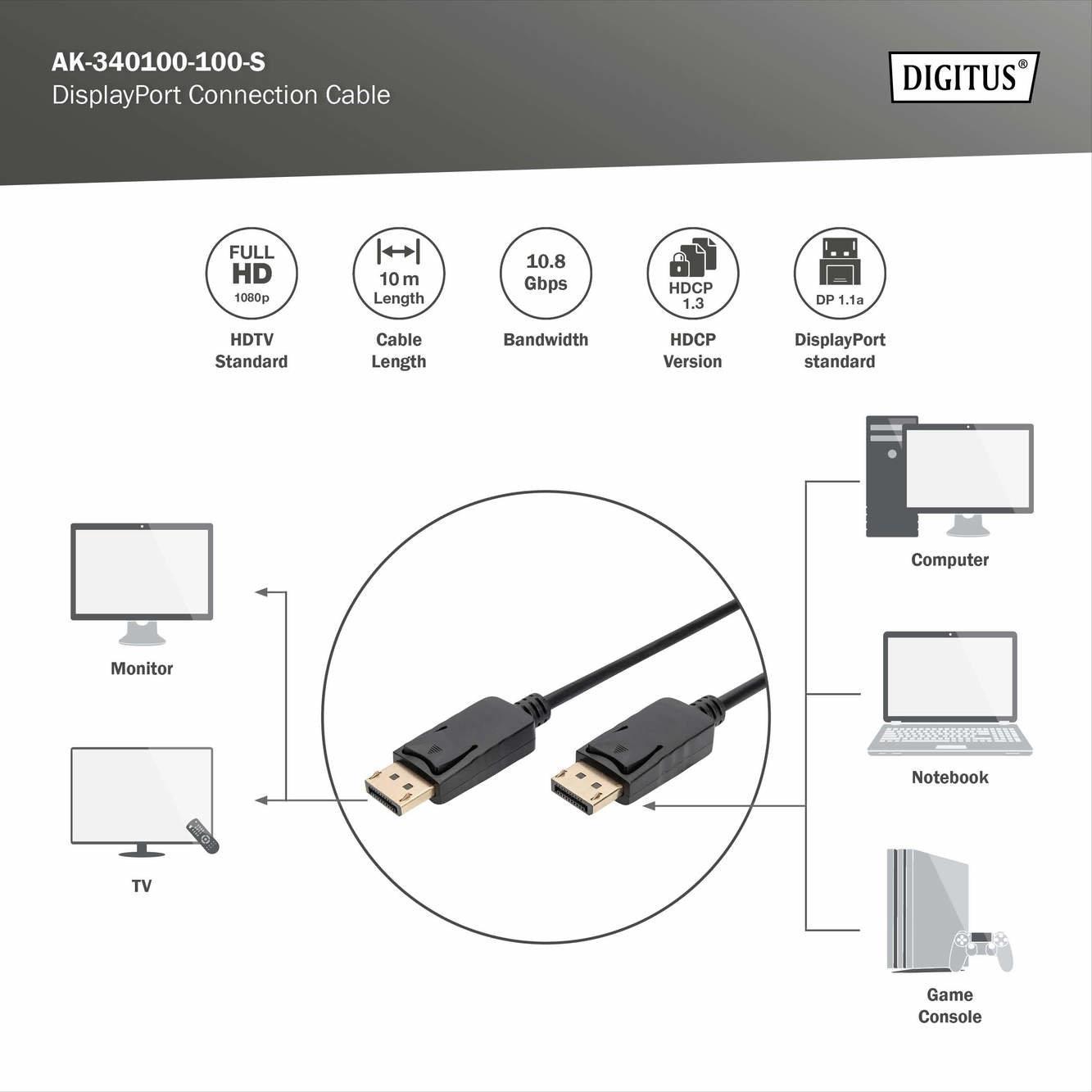 DIGITUS 10metre AK-340100-100-S DP Görüntü Kablosu