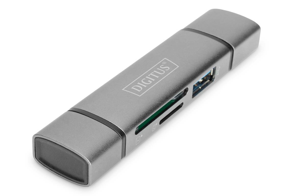 DIGITUS Dual Card Reader Hub USB-C™ / USB 3.0, OTG ( Combo Card Reader Hub (USB-C+USB 3.0) 1x SD, 1x MicroSD, 1x USB 3.0, grey) (Simple connectivity of memory cards and USB sticks with your smartphone or tablet - USB-C™ & USB A)