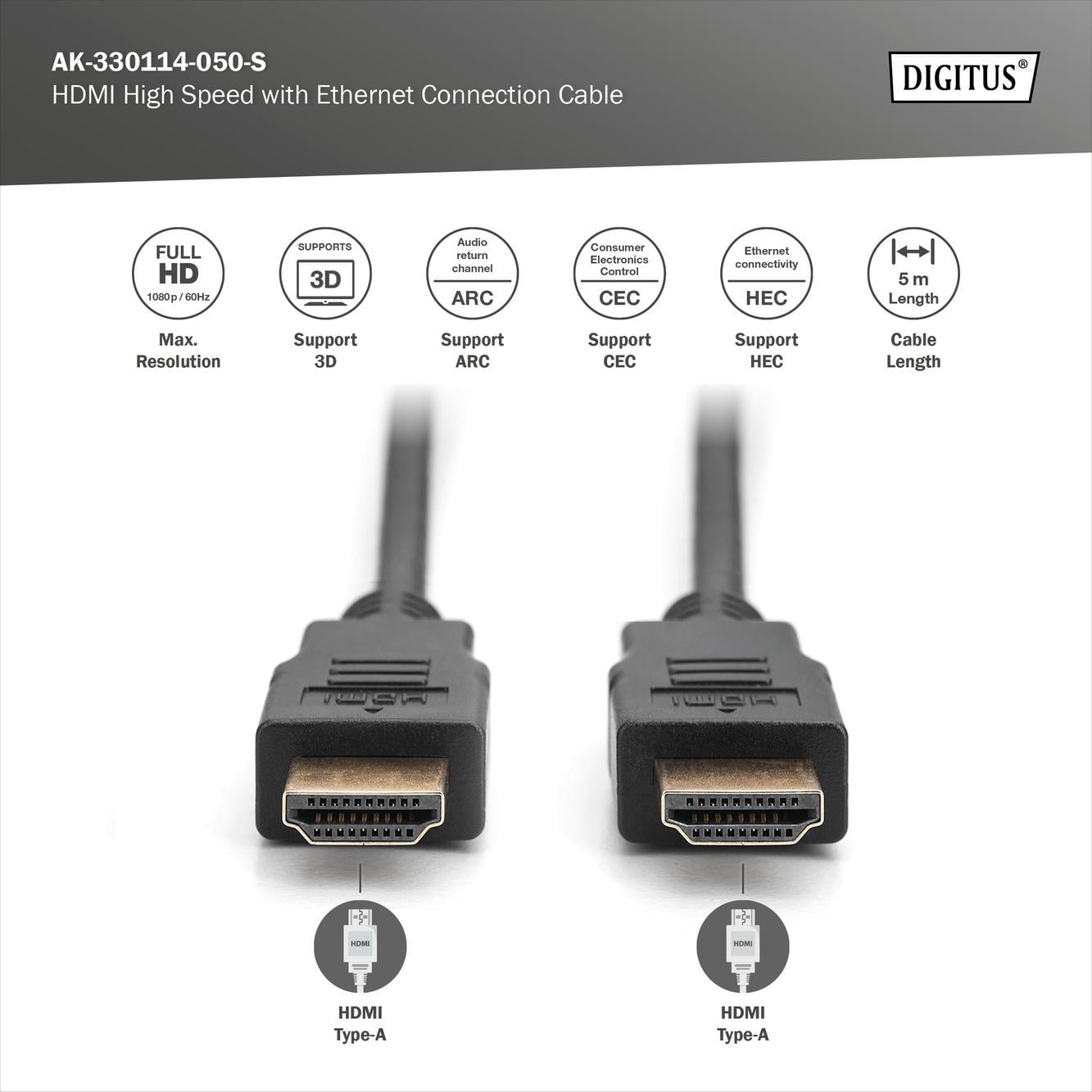 DIGITUS HDMI Görüntü Kablosu 5m (AK-330114-050-S)