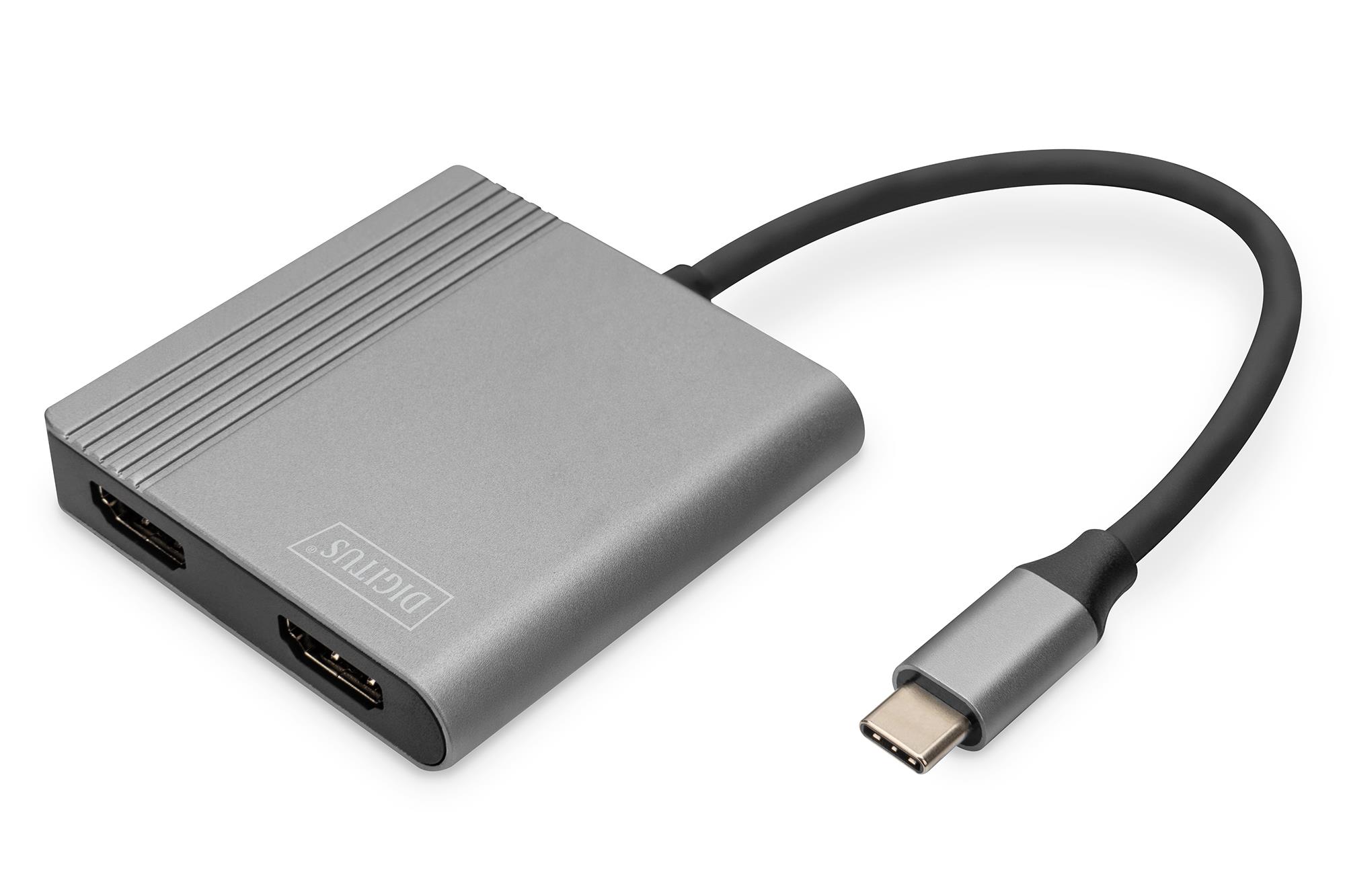 DIGITUS USB Type-C 4K 2-in-1 HDMI Graphics Adapter, 18 cm 4K/30Hz, Silver, Aluminium housing