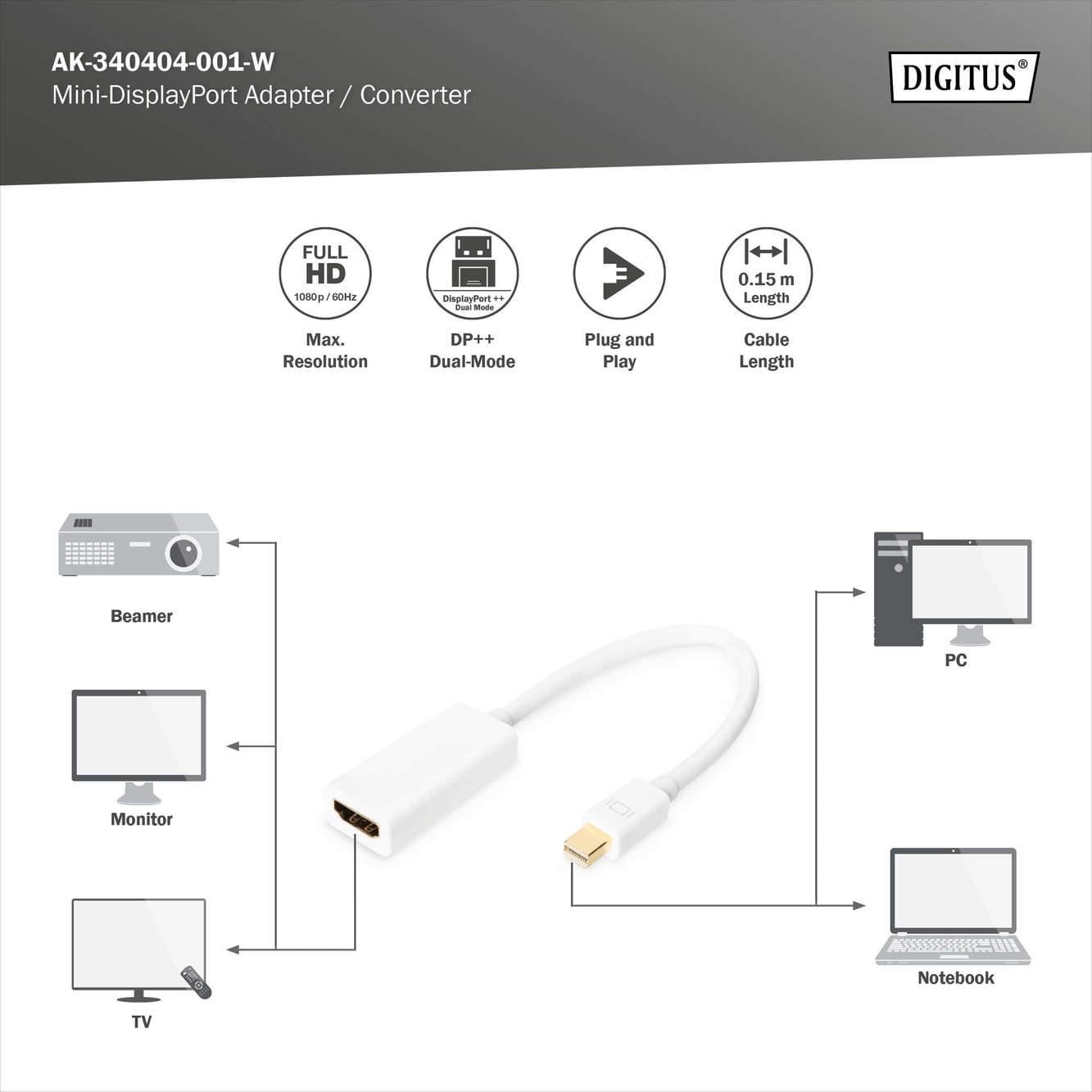 DIGITUS mDP-HDMI Görüntü Adaptörü 0,15m (AK-340404-001-W)