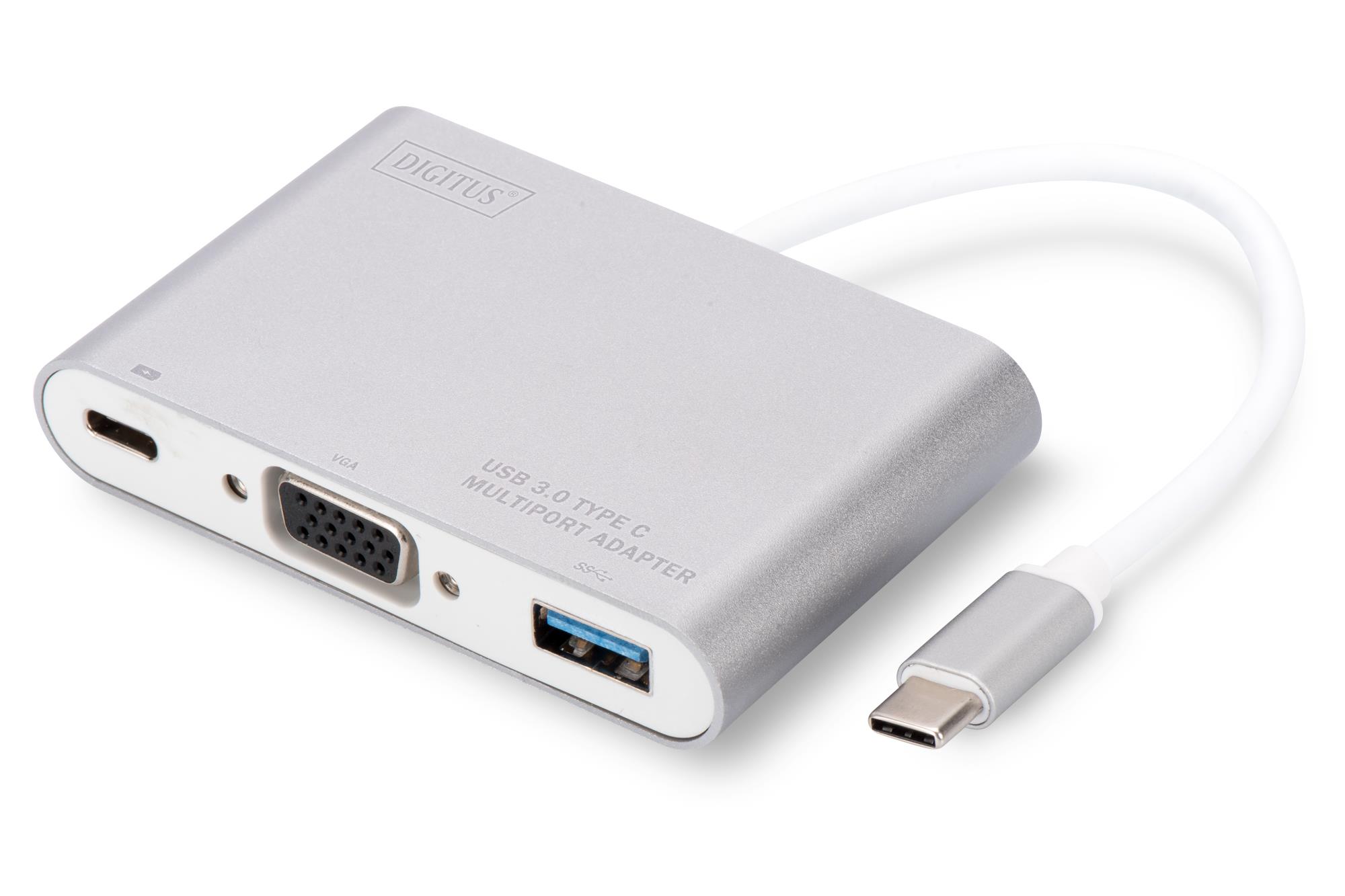 Digitus USB 3.0 (USB Tip C) <-> VGA Grafik Adaptörü<br>
USB 3.0 Hub<br>
Giriş: 1 x USB Tip C erkek (bilgisayar bağlantısı) <br>
Çıkış:<br>
1 x VGA (HD15) dişi (Full HD) <br>
1 x USB 3.0 USB-A dişi <br>
1 x Şa