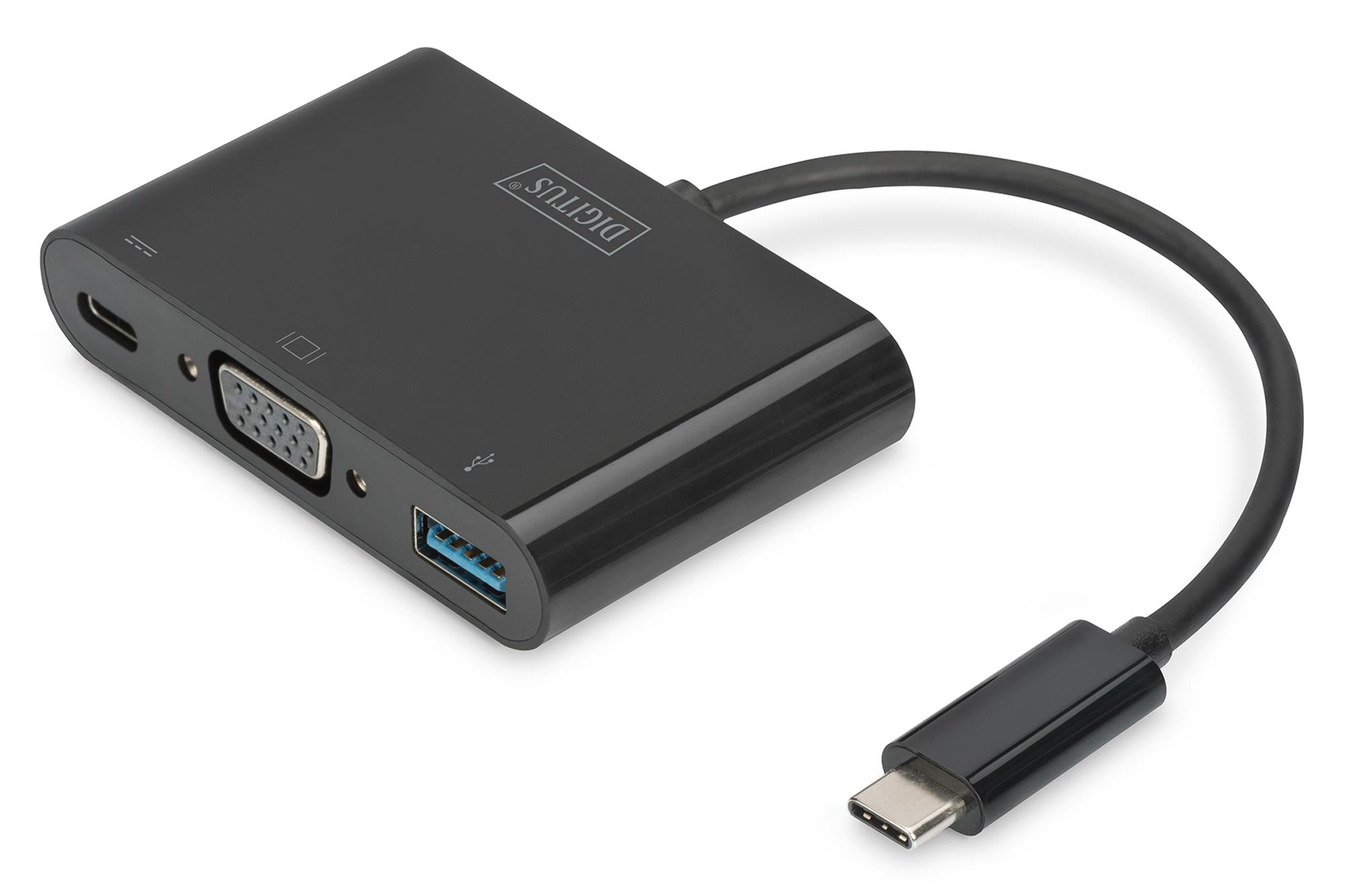 Digitus USB 3.1 (Gen. 1) (USB Tip C) <-> VGA Grafik Adaptörü<br>
Giriş: 1 x USB Tip C erkek (bilgisayar bağlantısı için)<br>
Çıkış:<br>
1 x Şarj özellikli USB Tip C (PD 2.0) dişi (60W)<br>
1 x USB 3.0 USB-A dişi (mobil c