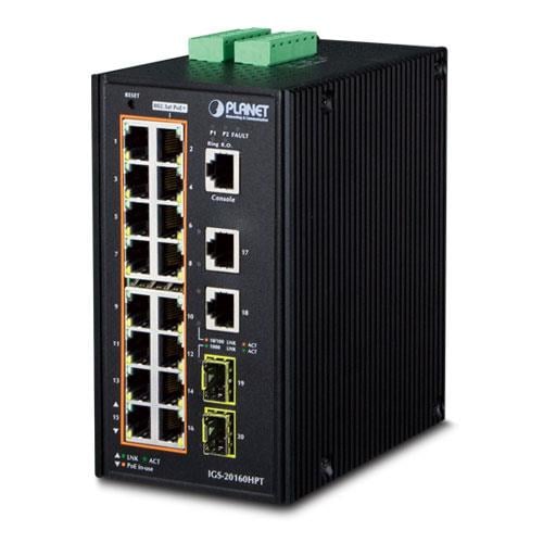 Endüstriyel Tip Yönetilebilir Ethernet Switch (Industrial Managed Ethernet Switch)<br>
16-Port 10/100/1000Base-TX IEEE 802.3at/af PoE+ Injector (Port başına 30.8 watt) (PoE Güç Bütçesi maks. 320 watt)<br>
2-Port 10/100/1000Base-TX RJ-45&l