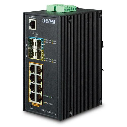 Endüstriyel Tip Yönetilebilir Ethernet Switch (Industrial Managed Ethernet Switch)<br>
Basic L3<br>
8-Port 10/100/1000Base-T RJ45 with IEEE 802.3at/af PoE+ Injector (Port başına 30.8 watt) (PoE Güç Bütçesi maks. 240 watt)<br>
2 x 10