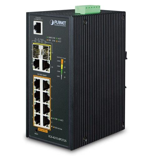 Endüstriyel Tip Yönetilebilir Ethernet Switch (Industrial Managed Ethernet Switch)<br>
8-Port 10/100/1000Base-TX 802.3at/af PoE+ Injector (Port başına 30.8 watt) (PoE Güç Bütçesi maks. 240 watt) (Port-1 ve Port-8 arası)<br>
2-Port 10/100/