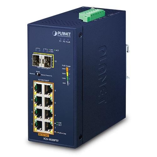 Endüstriyel Yönetilemeyen PoE+ Switch (Industrial Unmanaged PoE+ Switch)<br>
8-Port 10/100/1000T IEEE 802.3at/af PoE+ Injector Port (Port 1 ila Port 8 arası) (Port başına 30.8 watt) (PoE Güç Bütçesi maks. 240 Watt)<br>
2-Port 1000Base-SX/