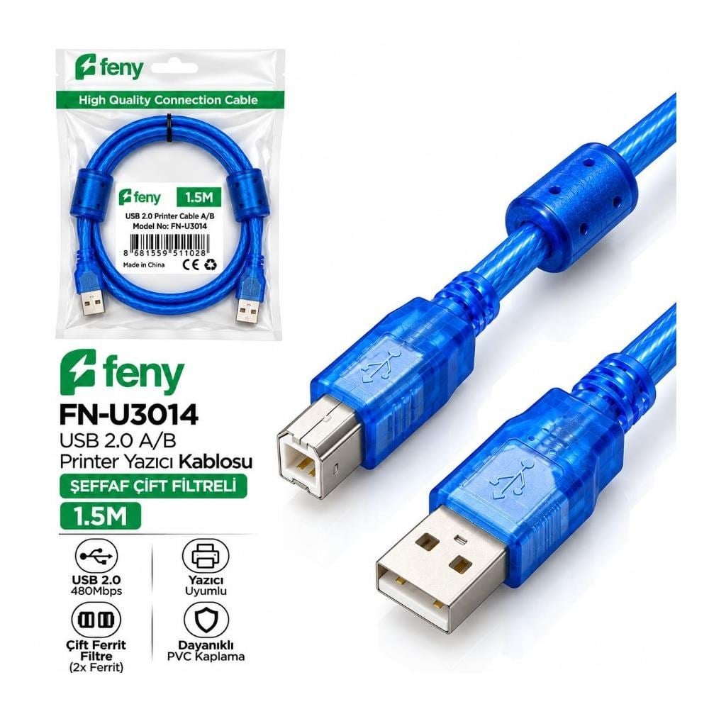 FENY FN-U3014 USB 2.0 YAZICI KABLOSU ŞEFFAF ÇİFT FİTRELİ MAVİ 1.5M