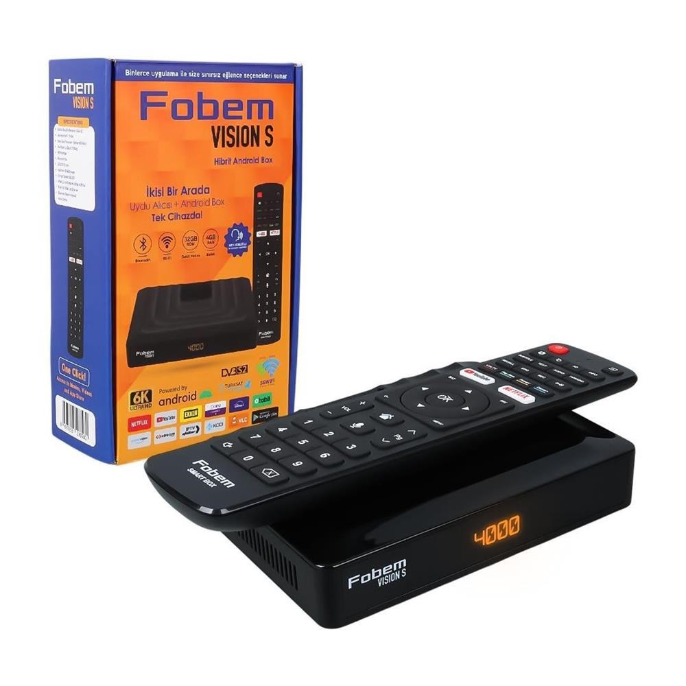 FOBEM VISION S HİBRİT 4GB RAM 32GB HDD 1.5GHZ SES KOMUTLU UYDU ALICILI ANDROID 14 TV BOX (TUNERLİ) 27200