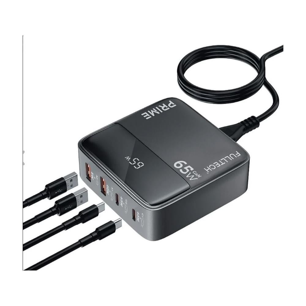 Fulltech 65W 4in1 Gan Masaüstü Hızlı Şarj Cihazı | 2 USB + 2 Type-C Pd Qc 3.0 LCD Ekranlı FC55