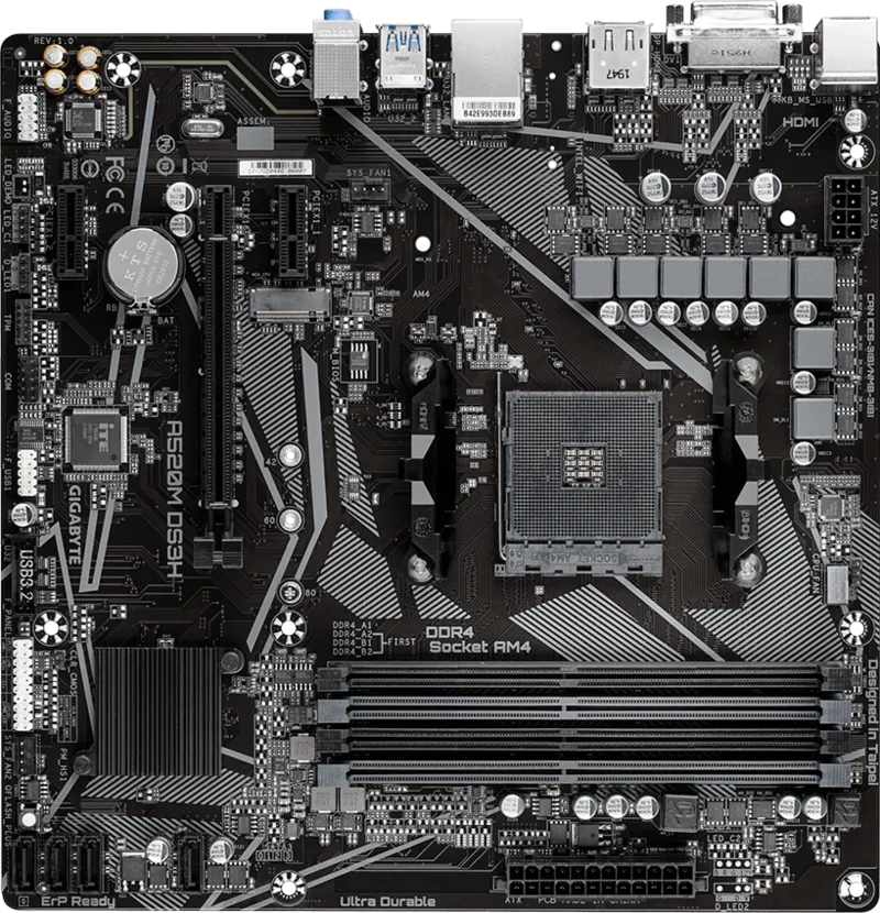 GIGABYTE A520M-DS3H DDR4 M2 PCIe NVME HDMI DVI DP PCIe 16X v3.0 AM4 mATX