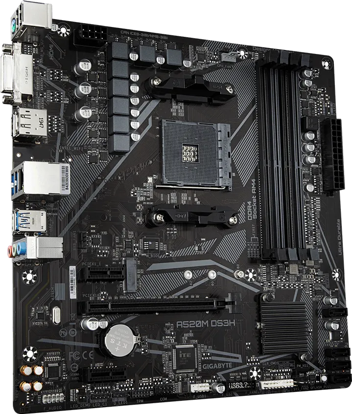 GIGABYTE A520M-DS3H DDR4 M2 PCIe NVME HDMI DVI DP PCIe 16X v3.0 AM4 mATX
