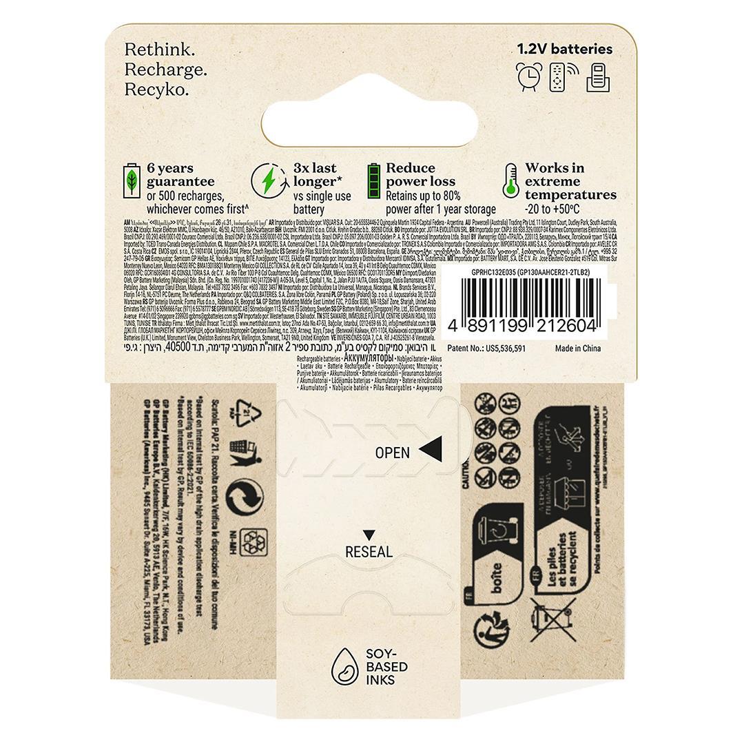 GP ReCyko 1300 mAh Ni-Mh 1.2 Volt AA Kalem Şarjlı Pil 2li Paket