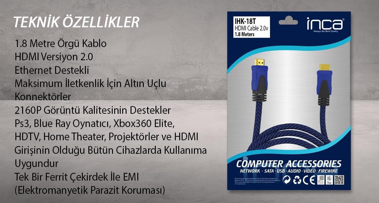 INCA IHK-18T 1.8 Mt 2.0V 4K& 2K & FULL HD HDMI Kablo