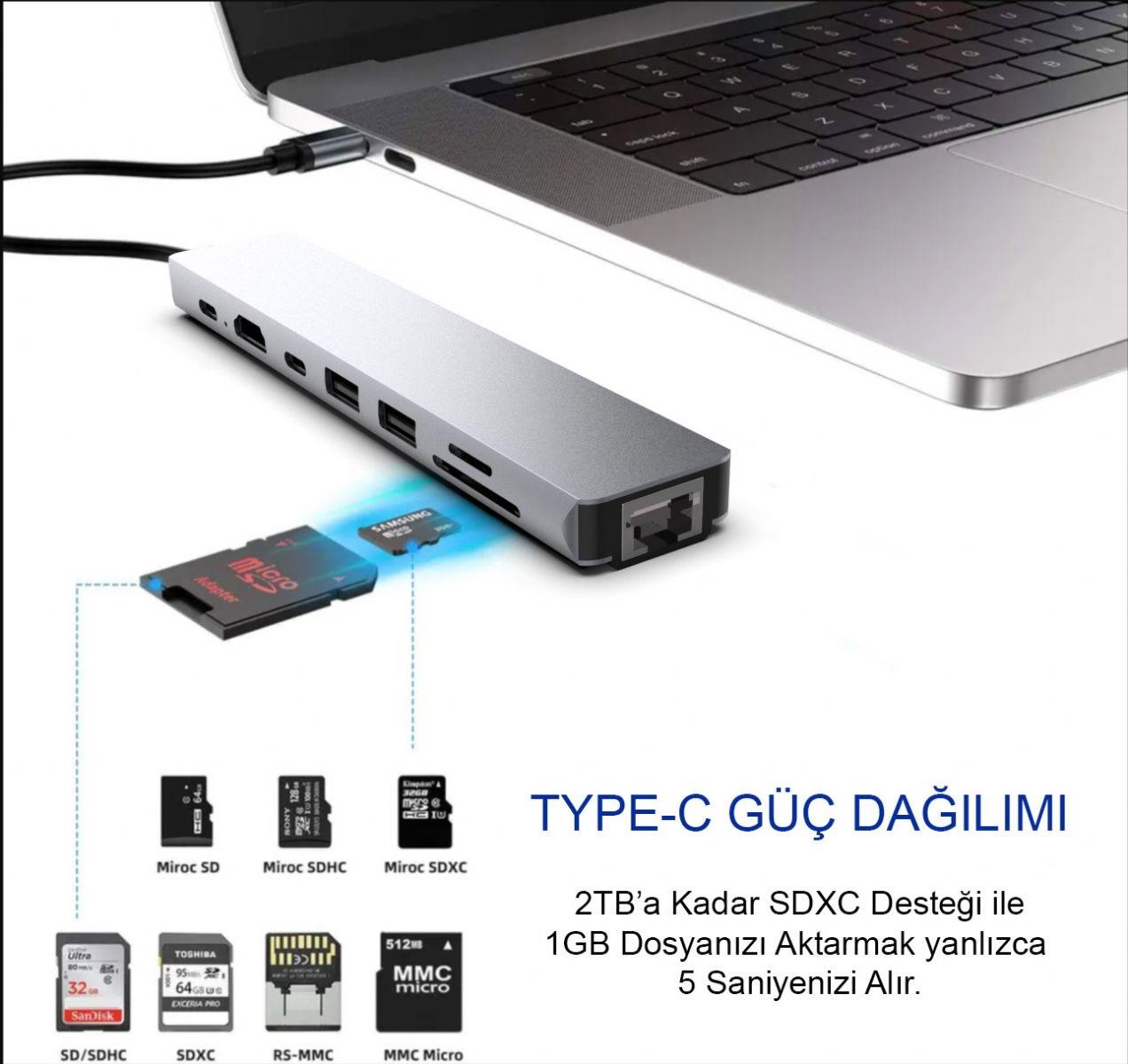 INCA ITPC-7T 8 Port Type-C Hub+Çevirici Aluminyum Çoklayıcı