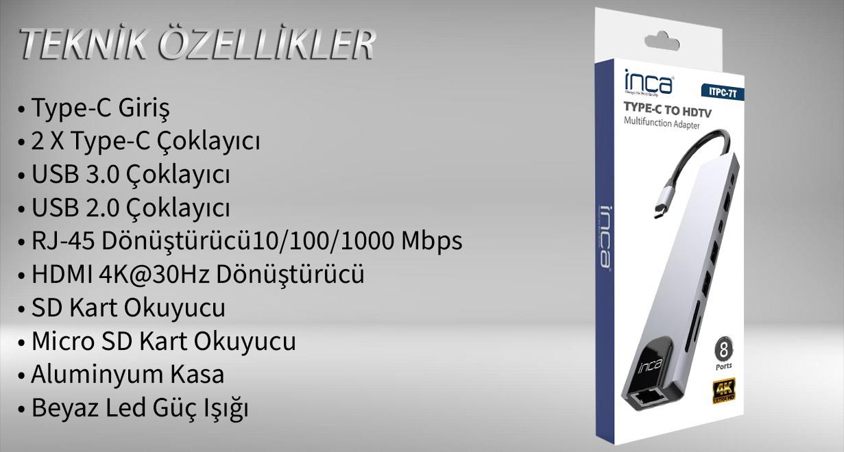 INCA ITPC-7T 8 Port Type-C Hub+Çevirici Aluminyum Çoklayıcı