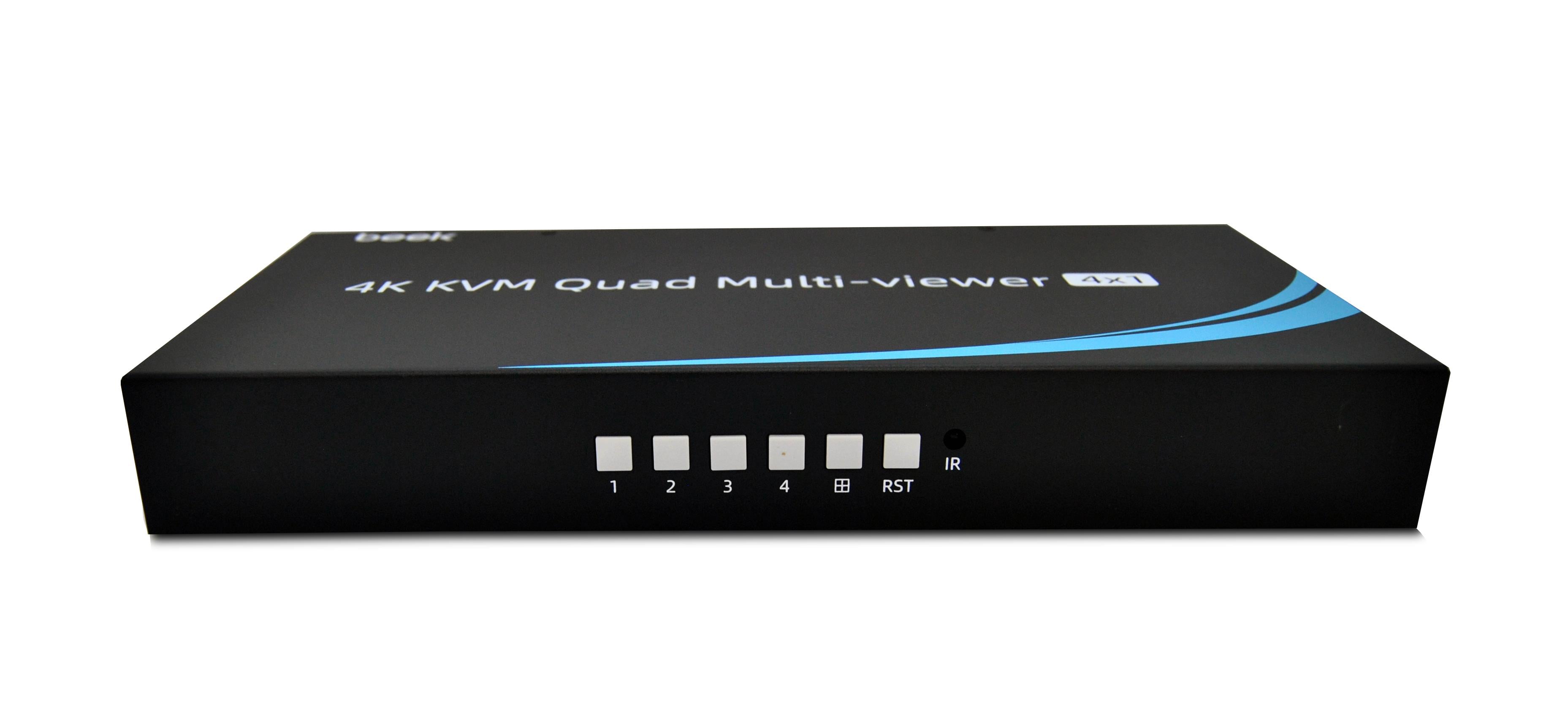 KVM Quad Multi-viewer 4x1<br />
4 in 1 out HDMI KVM seamless switch, sharing 1 display<br />
Keyboard and mouse, USB 3.0, Quad Multi-viewer function<br />
Max resolution 4K@30Hz, HDMI 1.4 HDCP 1.4<br />
Button, remote, hotkey, mous