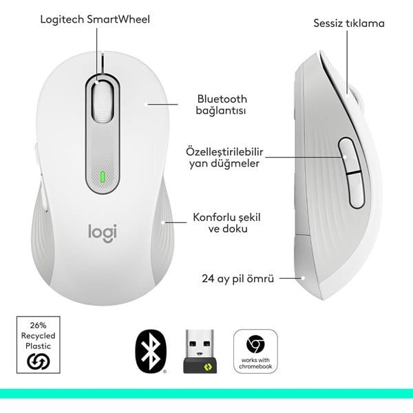 LOGITECH M650 Kablosuz + Bluetooth Beyaz Mouse (910-006238)