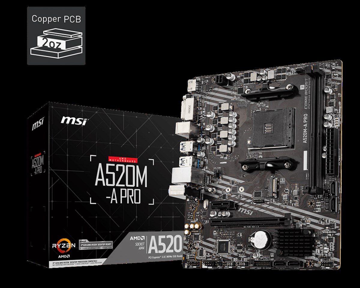 MSI A520M-A PRO DDR4 4600MHZ 1XHDMI 1XDVI 1XM.2 USB 3.2 MATX AM4 (AMD AM4 5000/4000/3000 SERİLERİ İLE UYUMLU)