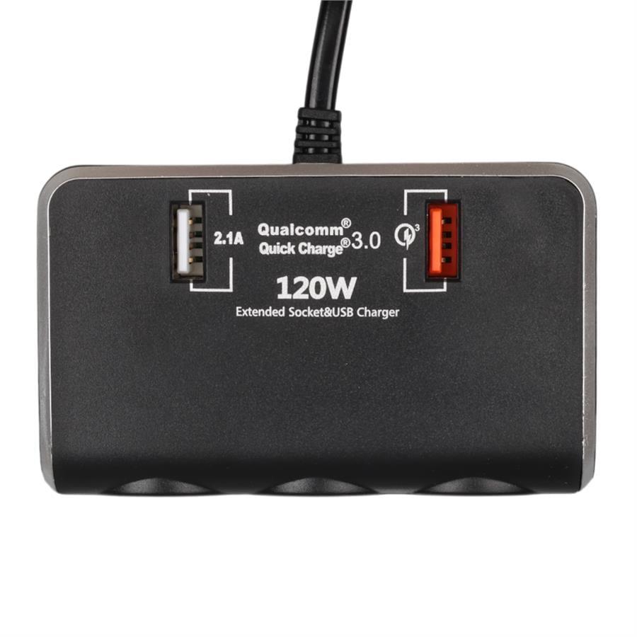 Olesson 1639 12-24V Çift USB Girişli Hızlı Şarj Destekli 120W 80cm Kablolu Dijital Voltaj Ekranlı 3lü Araç Çakmak Çoklayıcı
