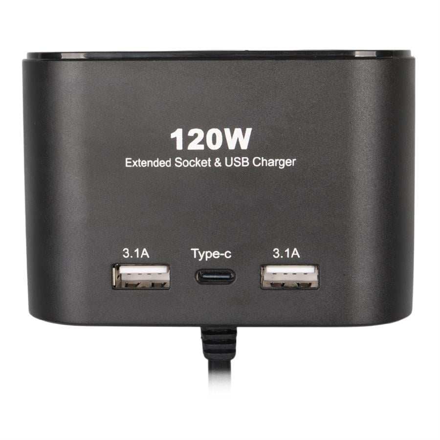 Olesson 1653 12-24V Çift USB + TYPE-C Girişli 100W 70cm Kablolu 3lü Araç Çakmak Çoklayıcı