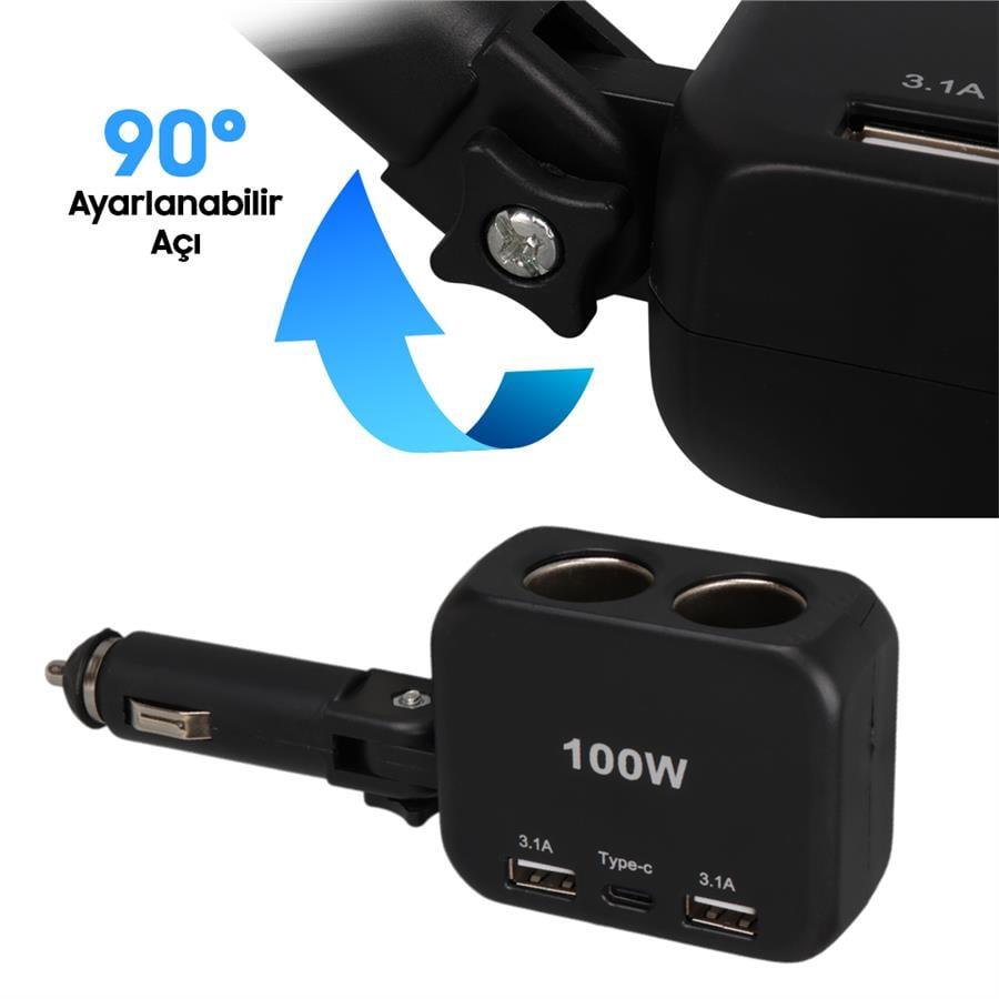 Olesson 1655 12-24V TYPE-C + Çift USB-A Girişli 100W 2li Araç Çakmak Çoklayıcı
