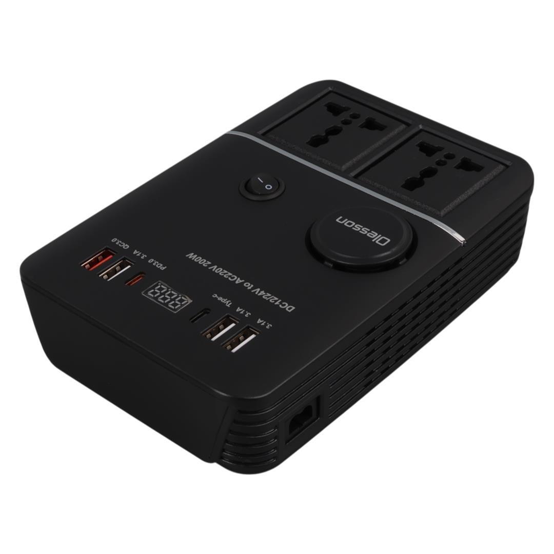 Olesson 1661 DC 12-24V 200W Oto Araç Power İnverter 2x Çakmak Girişi - 2x TYPE-C - 4x USB - 2x 220V Üniversal Priz