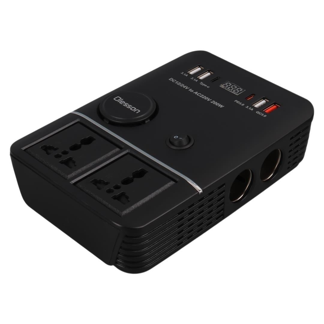 Olesson 1661 DC 12-24V 200W Oto Araç Power İnverter 2x Çakmak Girişi - 2x TYPE-C - 4x USB - 2x 220V Üniversal Priz