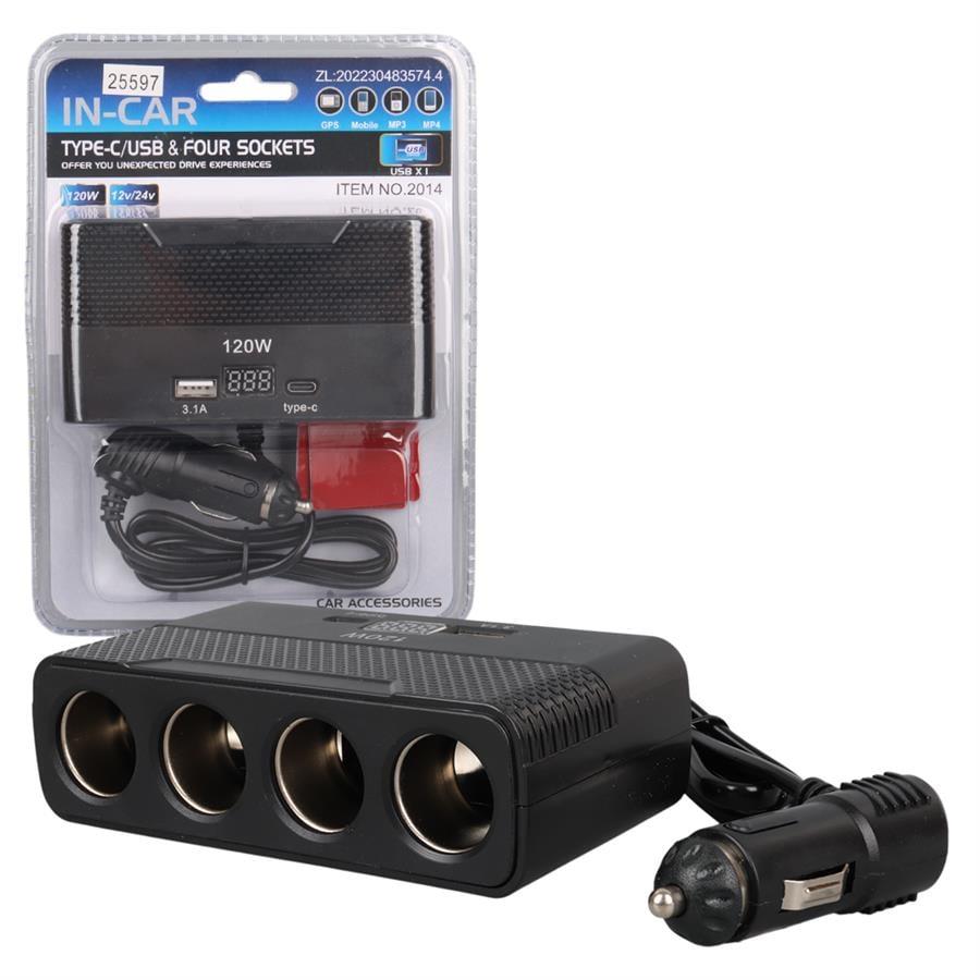 Olesson 2014 12-24V Type-C + USB-A Girişli 120W 80cm Kablolu 4lü Araç Çakmak Çoklayıcı