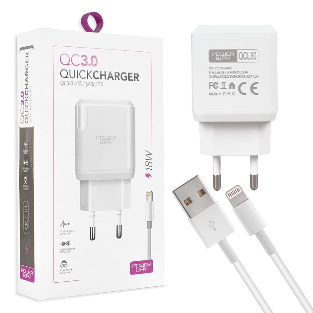 POWERWAY QCL30 HIZLI 3000 MA 18W LIGHTNING ŞARJ KAFA BAŞLIK ADAPTÖRÜ 22549
