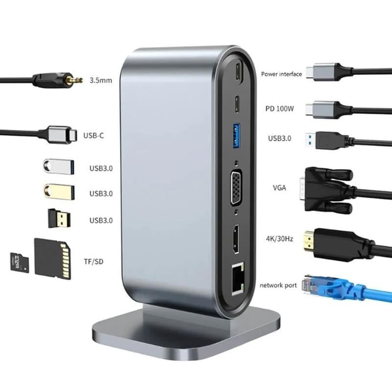 PowerMaster PM-21813 Type-C TO 12 Port Hub USB/Ethernet/HDMI/VGA/SD/TF Kart Okuyucu Dönüştürücü Çoğaltıcı Laptop PC Macbook Dock Station