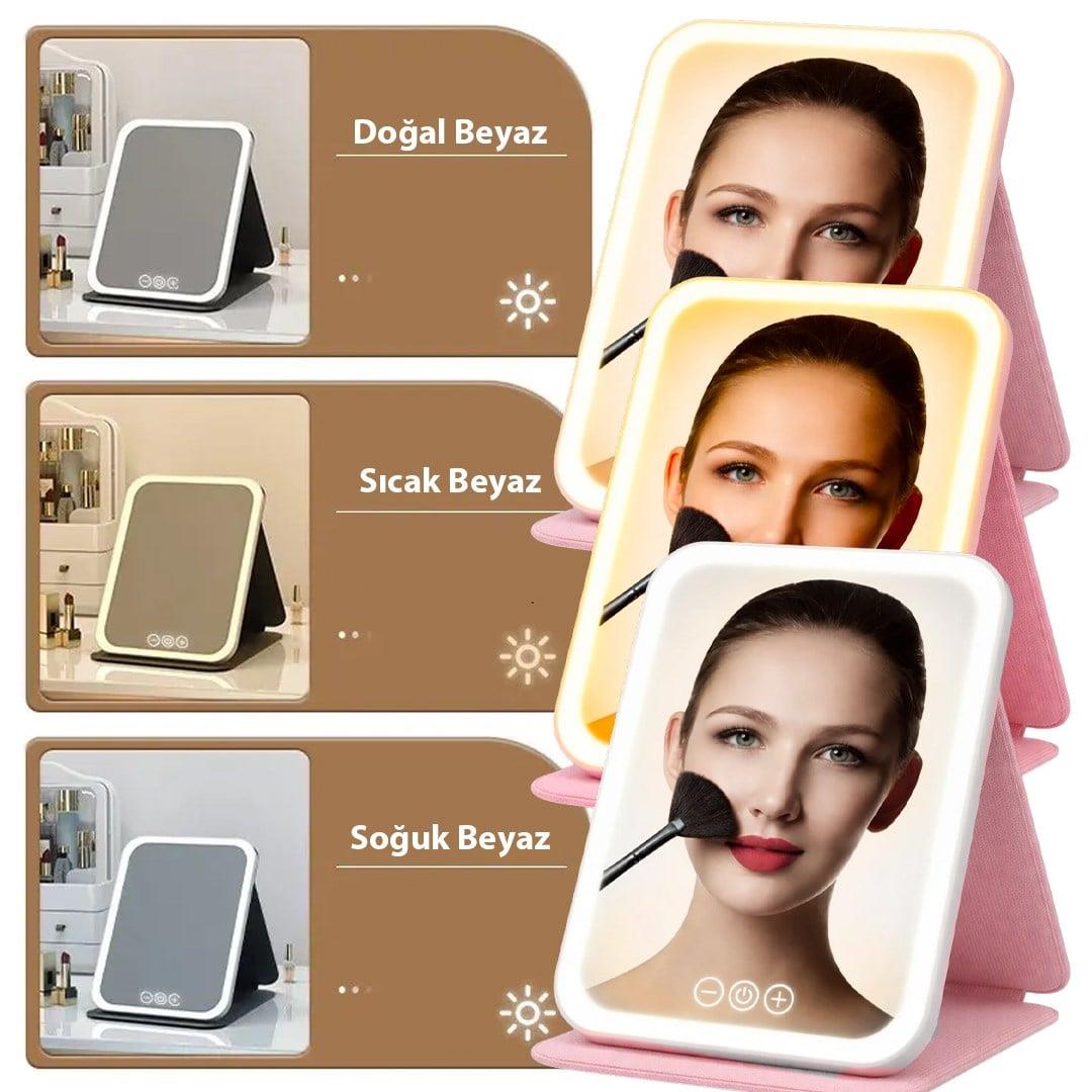 Powermaster PM-27373 Işıklı Profesyonel Makyaj Aynası 3 Renk Modlu Şarjlı Katlanabilir