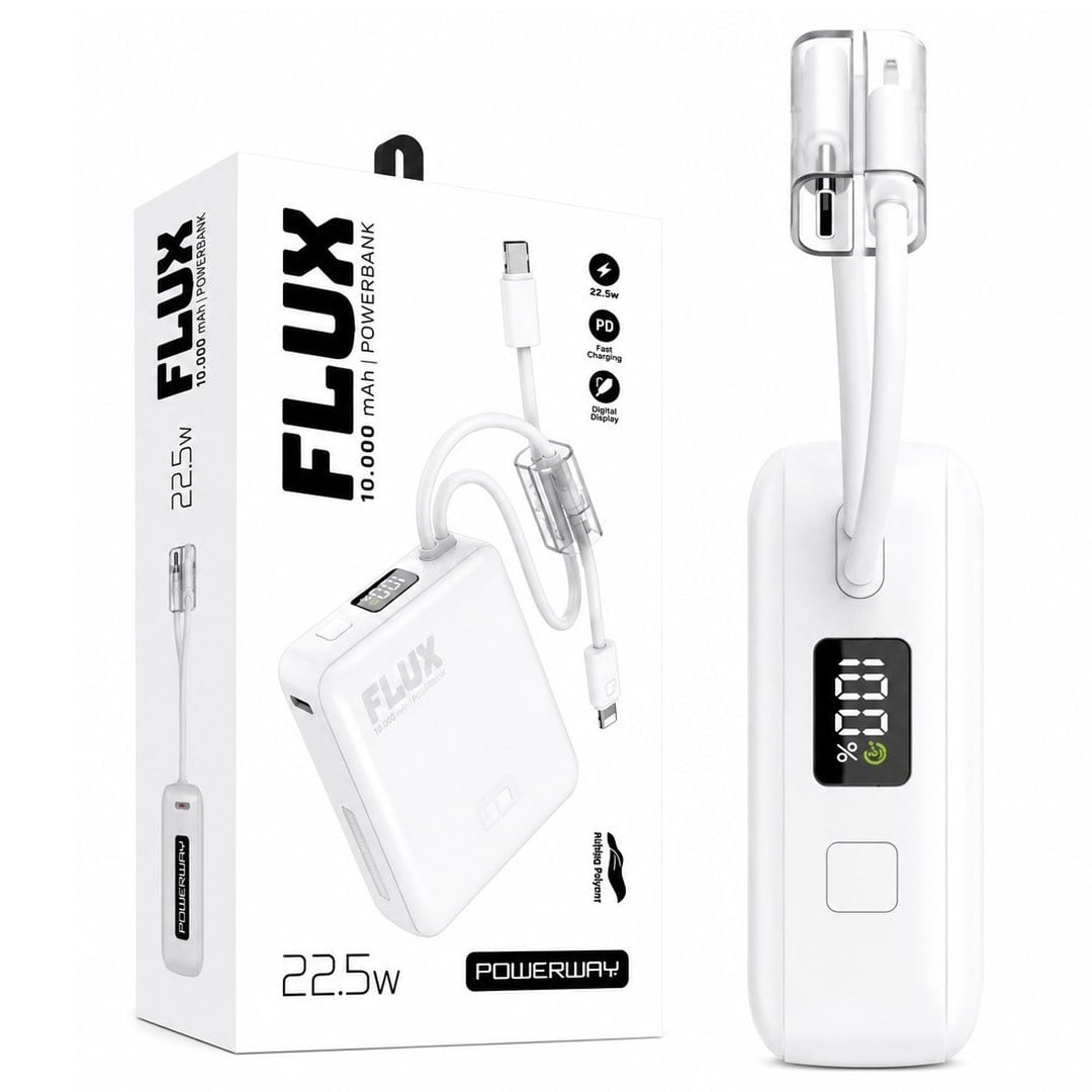 Powerway FLUX 10.000 mAh 22.5W Entegre Kablolu Hızlı Şarj Powerbank Beyaz