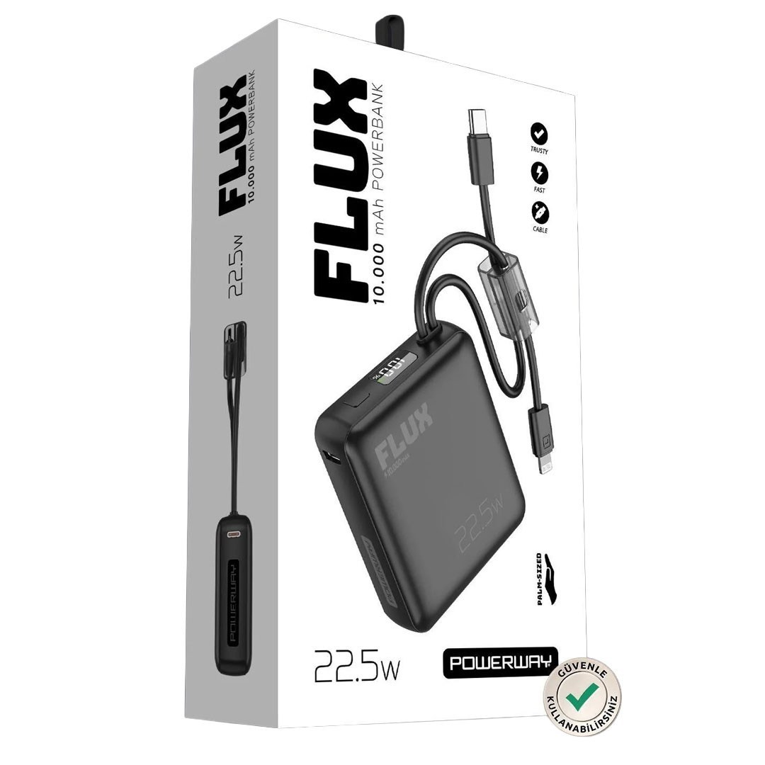 Powerway FLUX 10.000 mAh 22.5W Entegre Kablolu Hızlı Şarj Powerbank Siyah