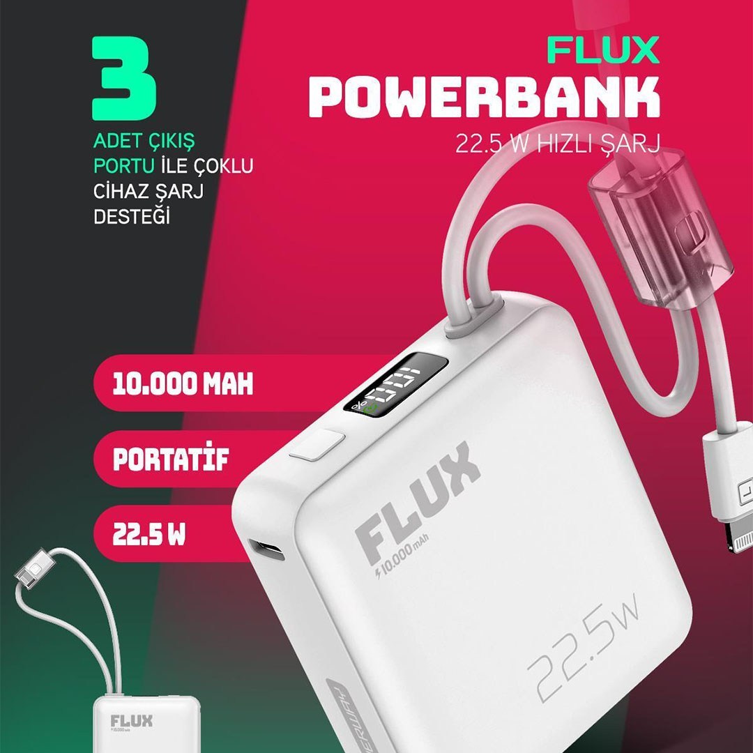 Powerway FLUX 10.000 mAh 22.5W Entegre Kablolu Hızlı Şarj Powerbank Beyaz
