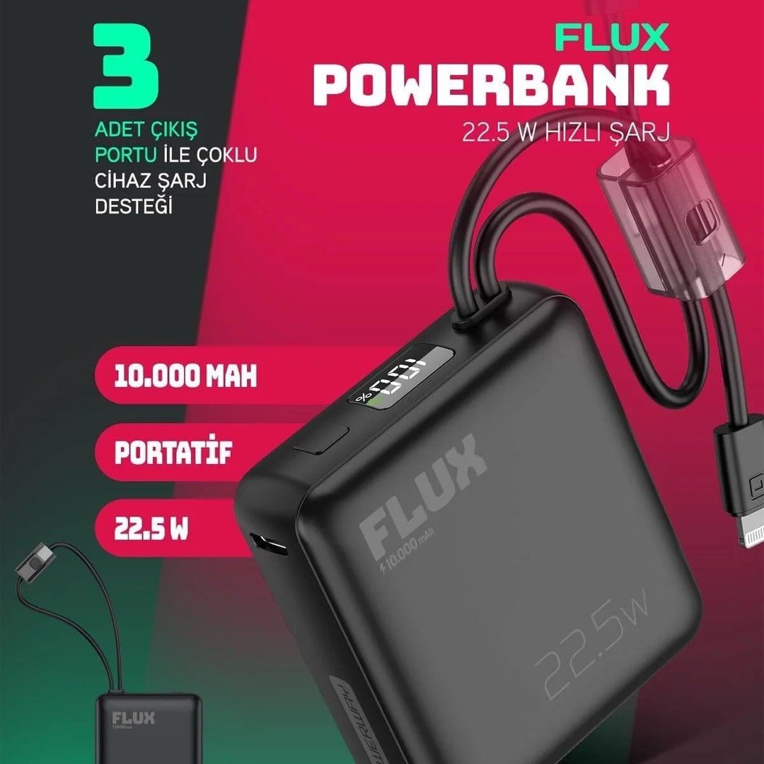 Powerway FLUX 10.000 mAh 22.5W Entegre Kablolu Hızlı Şarj Powerbank Siyah
