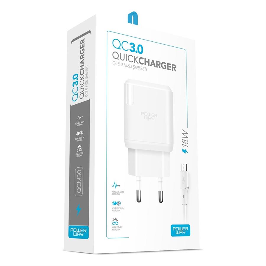 Powerway QCM30 18W Hızlı Şarj Adaptörü + Micro USB Kablo Seti