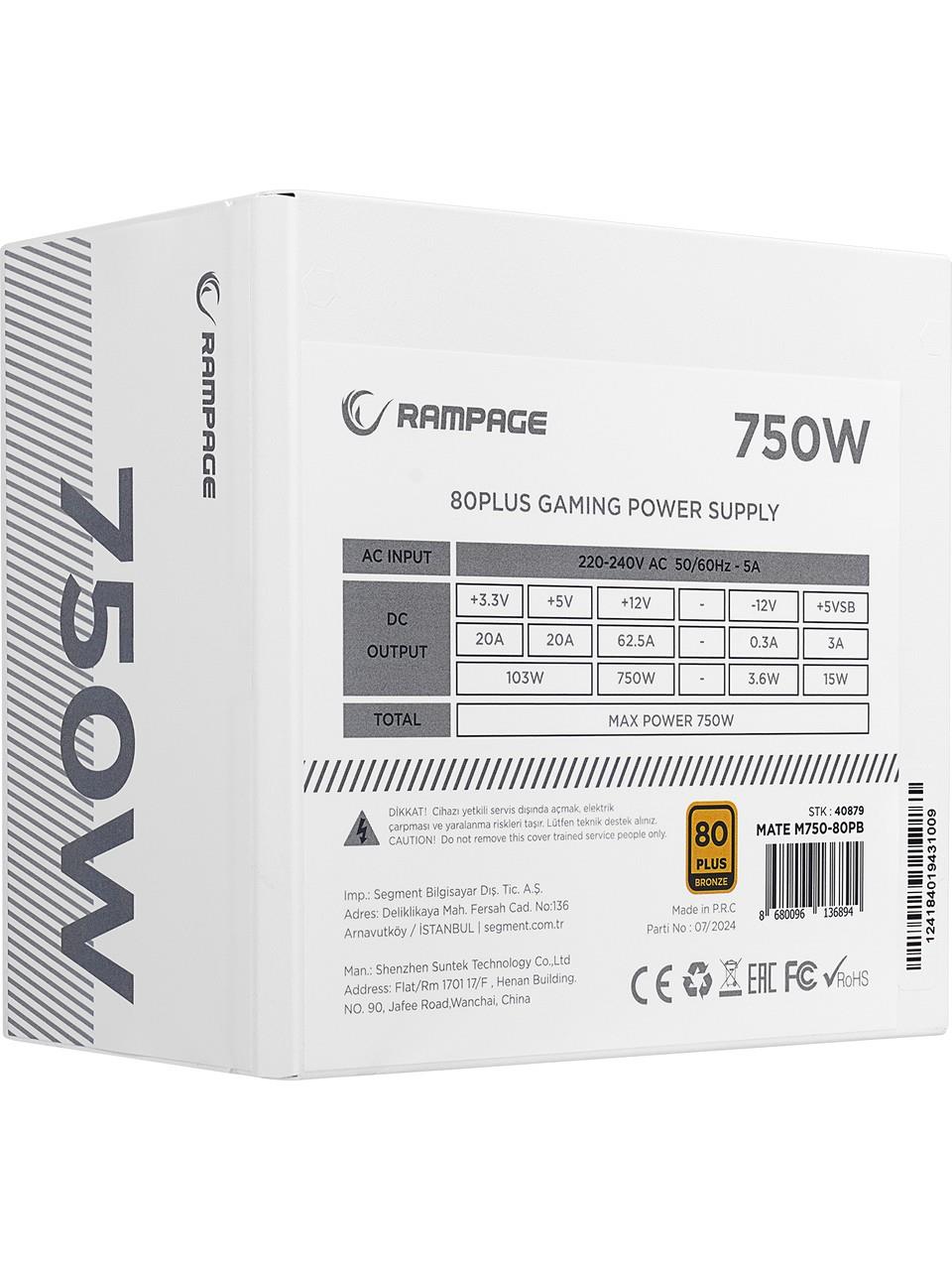 RAMPAGE 750W 80+ BRONZE MATE M750-80PB TAM MODULER POWER SUPPLY Beyaz