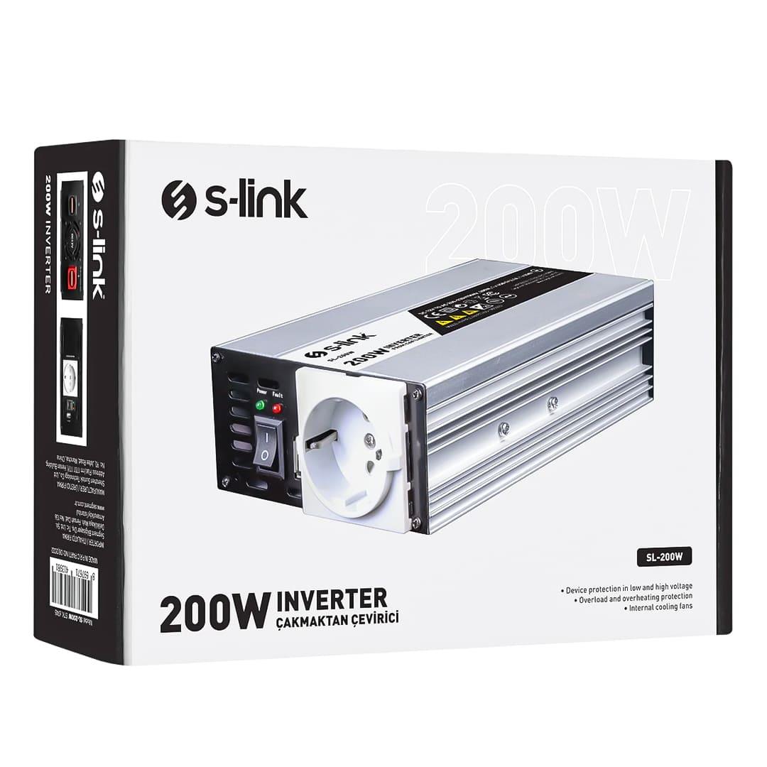S-Link SL-200W-12 200 Watt DC 12V - AC 230V Anahtarlı Tek USB Portlu Çakmaktan Power Inverter