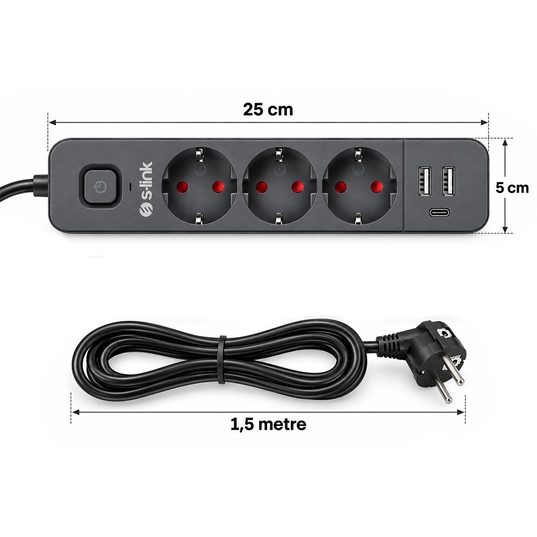 S-Link SPG03U 2 Usb + 1 Type C 5V2.4A 3X1.0mm Bakır 1.5M Kablo 750 Joule 3lü Anahtarlı Siyah Akım Korumalı Priz