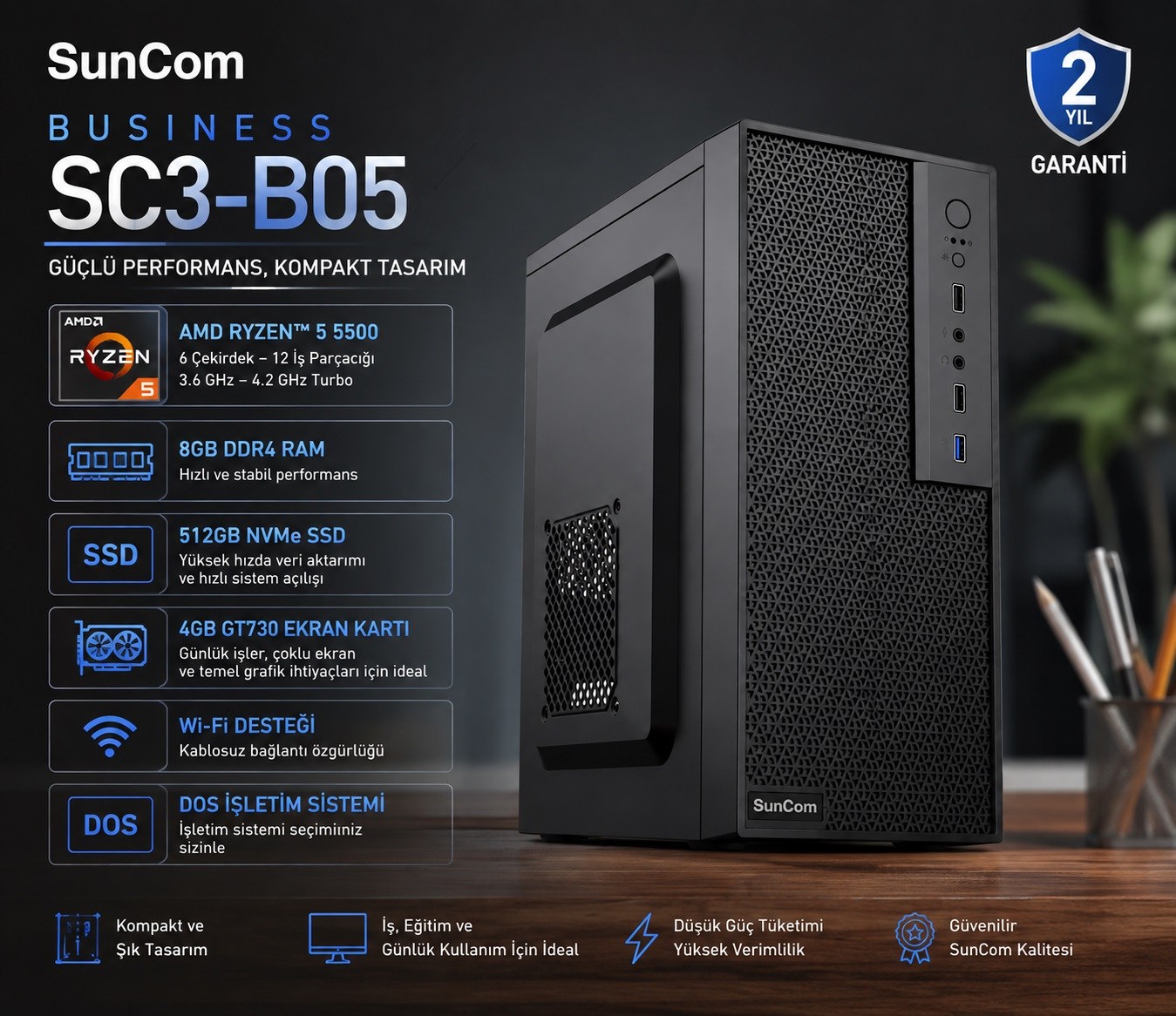 SUNCOM Business SC3-B05 Ryzen 5 5500 8GB 512GB SSD 4gb GT730 DOS Masaüstü PC Wi-Fi