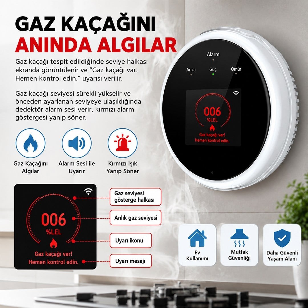 Sunup SN-38805 Wi-Fi Akıllı Doğal Gaz ve Sıcaklık Ev Tipi Kaçak Dedektörü TFT Ekranlı