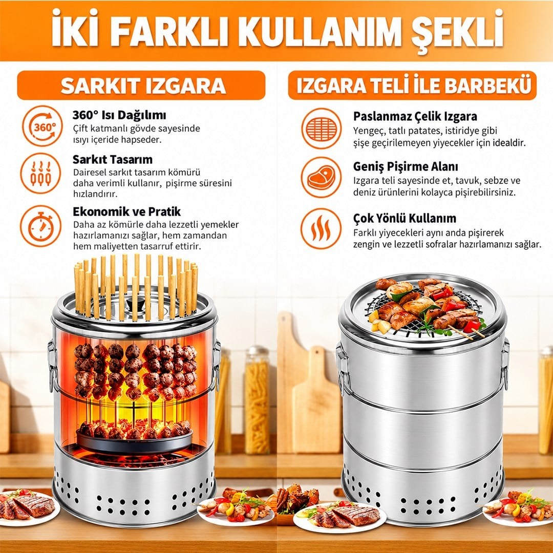 Sunup SN-38918 Dumansız Paslanmaz Çelik Kömürlü Barbekü Izgarası